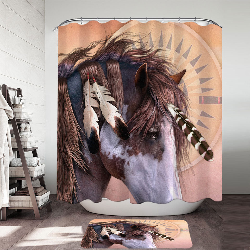 Fabric Shower Curtains with Native American Spirit Feathers Haired Horse
