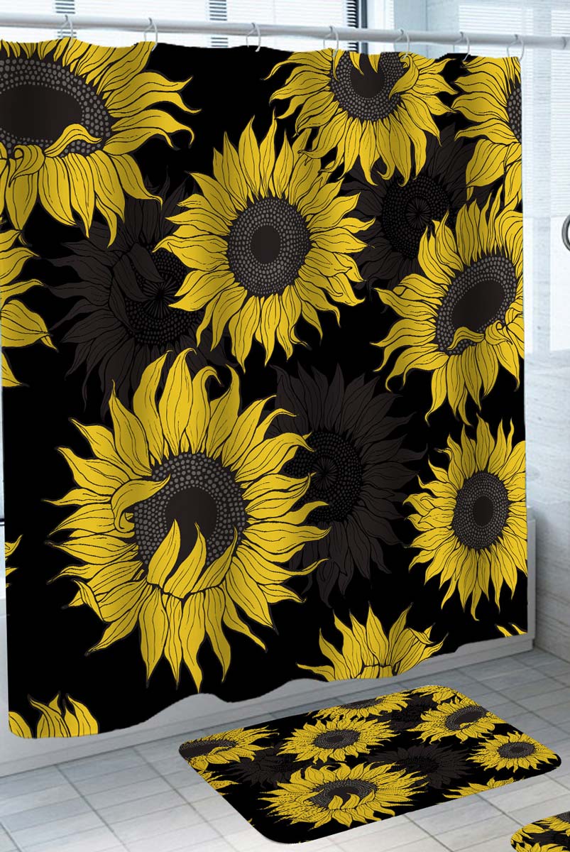 Fabric Shower Curtains with Sunflowers Silhouettes and Yellow Sunflowers