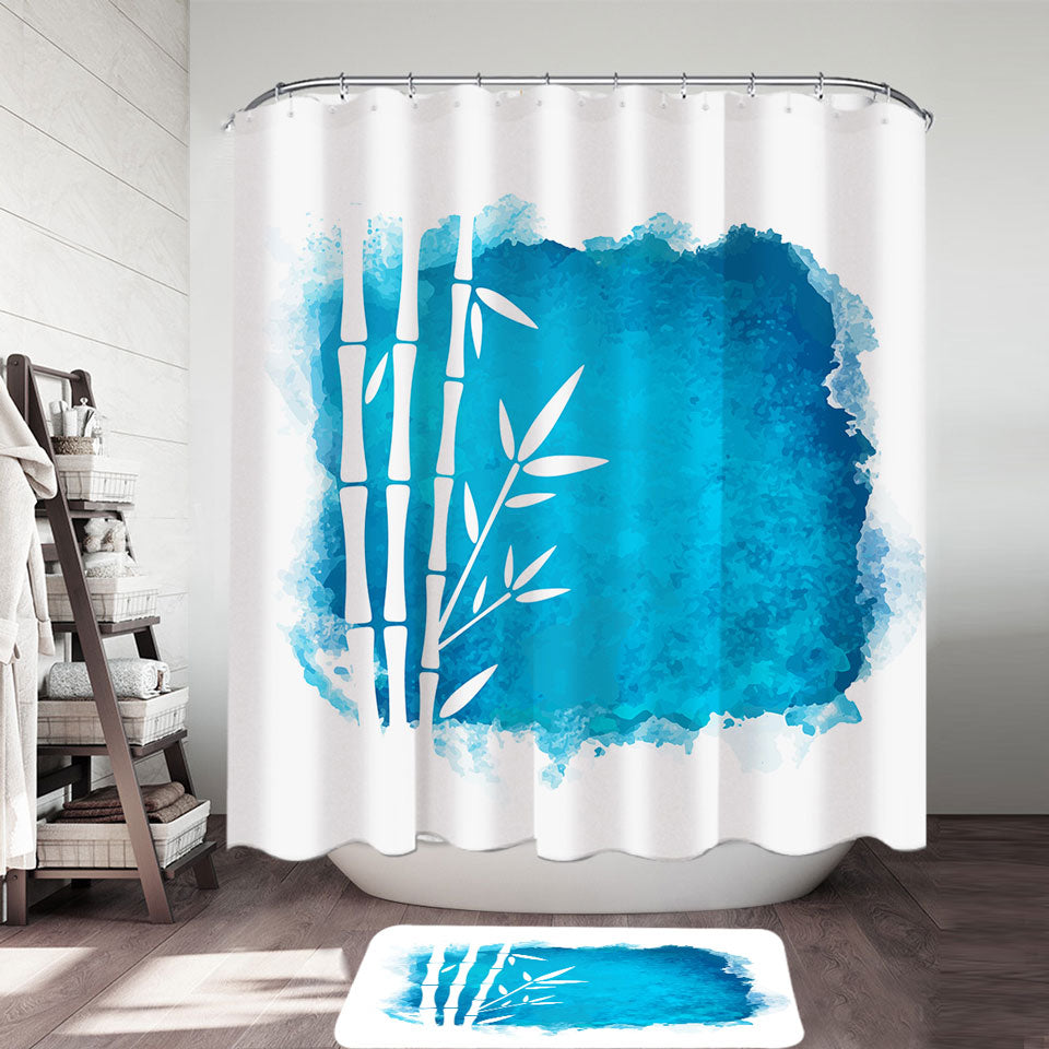 Fabric Shower Curtains with White Bamboo Silhouette over Ocean Blue Paint
