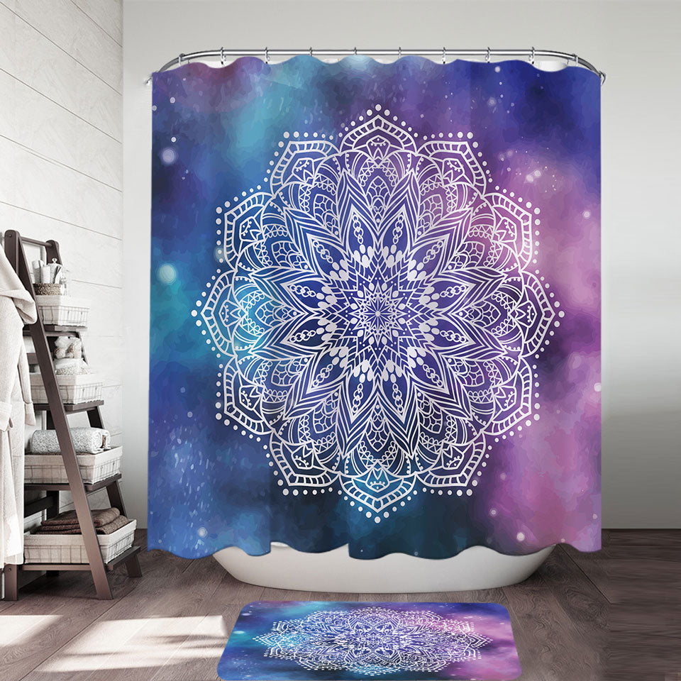 Fabric Shower Curtains with White Mandala Over Space