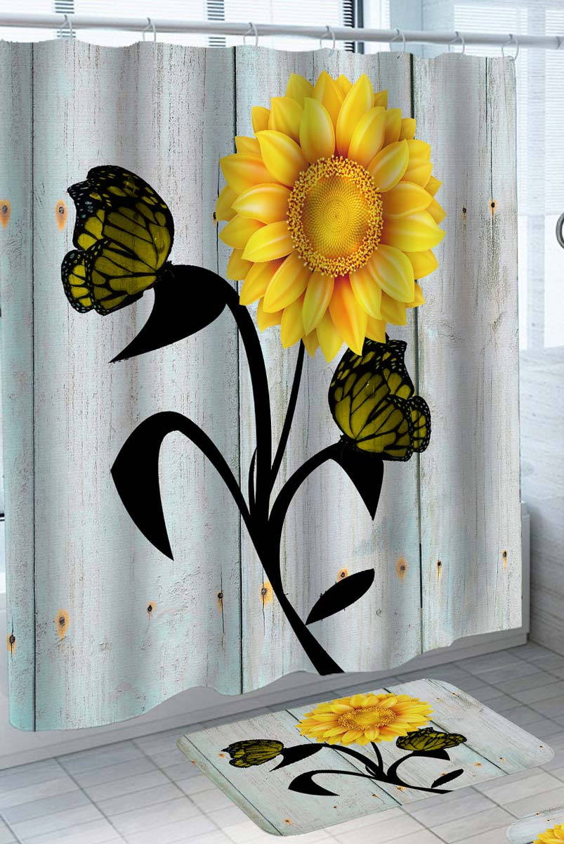 Fabric Shower Curtains with Yellow Sunflower and Butterflies over Light Blue Deck