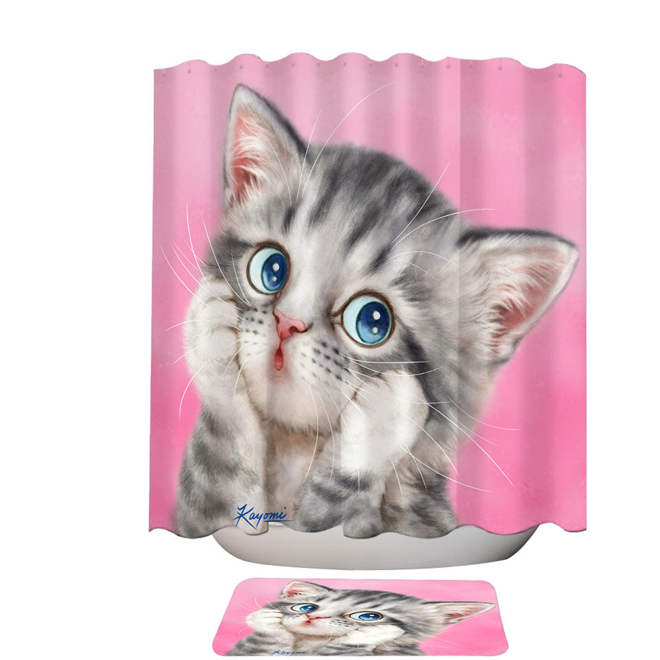 Fabric Trendy Shower Curtains with Designs for Kids Tabby Grey Kitty Cat over Pink