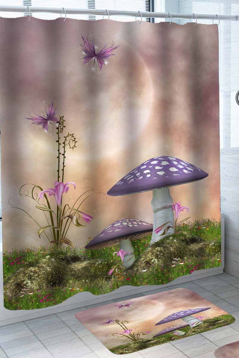 Fairytale Shower Curtain with Purple Mushrooms and Butterflies