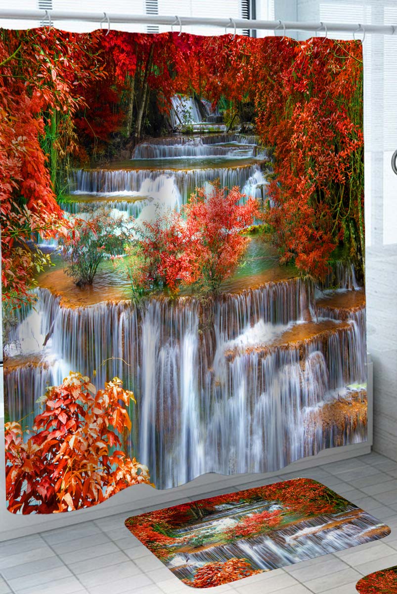 Fall Shower Curtain Red Autumn Leaves by the Waterfall