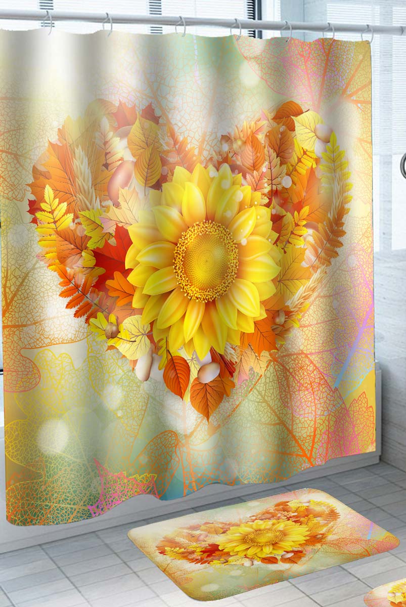 Fall Shower Curtain with Heart Shape Autumn Leaves and Sunflower