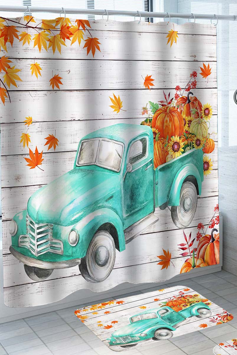 Fall Shower Curtains Cool Turquoise Truck Loaded with Autumn Spirit