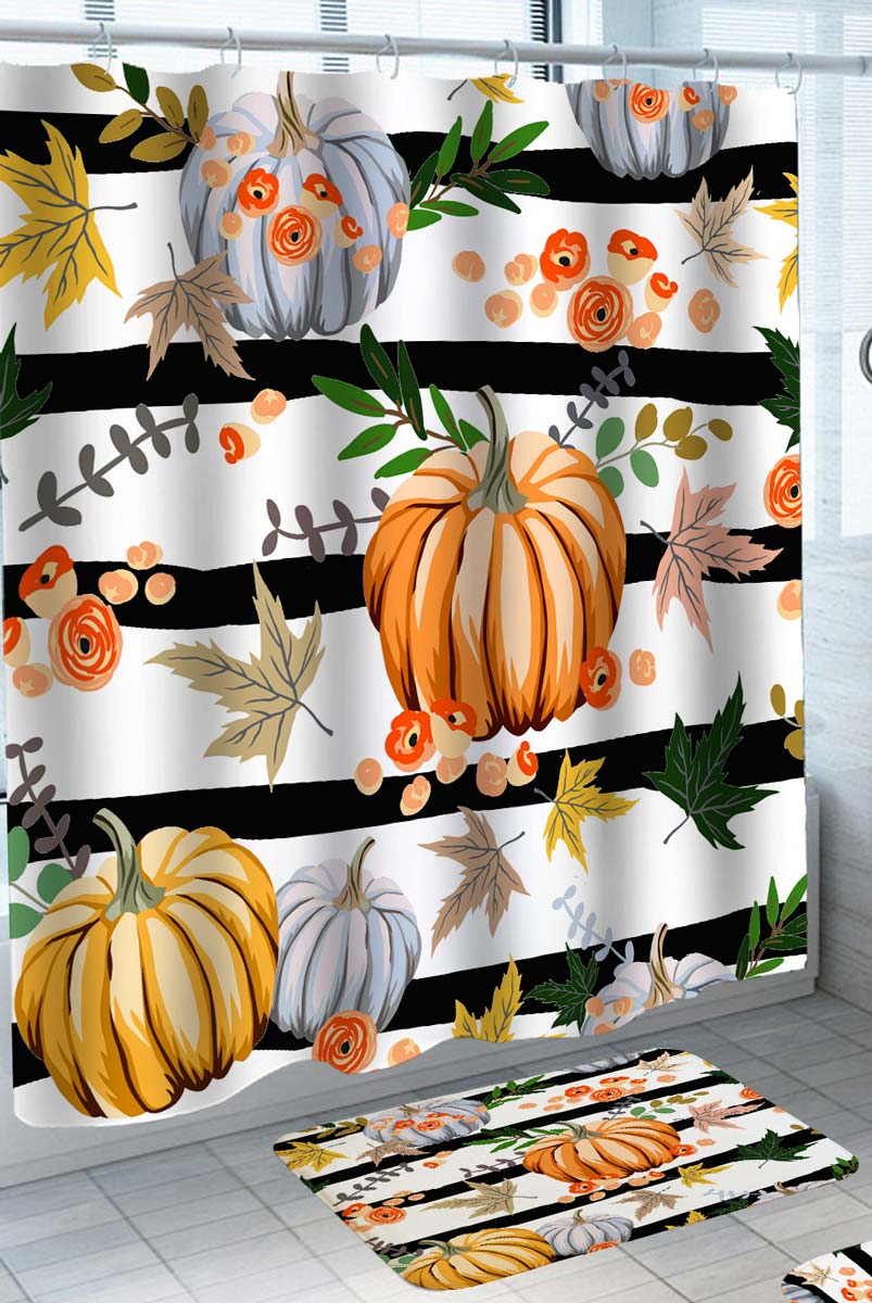 Fall Shower Curtains with Black and White Stripes Autumn Leaves and Pumpkins Bathroom Decor