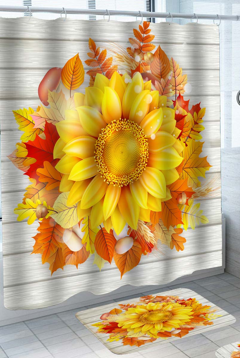 Fall Shower Curtains with Leaves and Sunflower