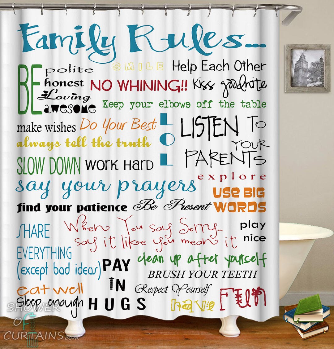 Family Rules Shower Curtain - Multi Colored Bathroom Decor For Kids