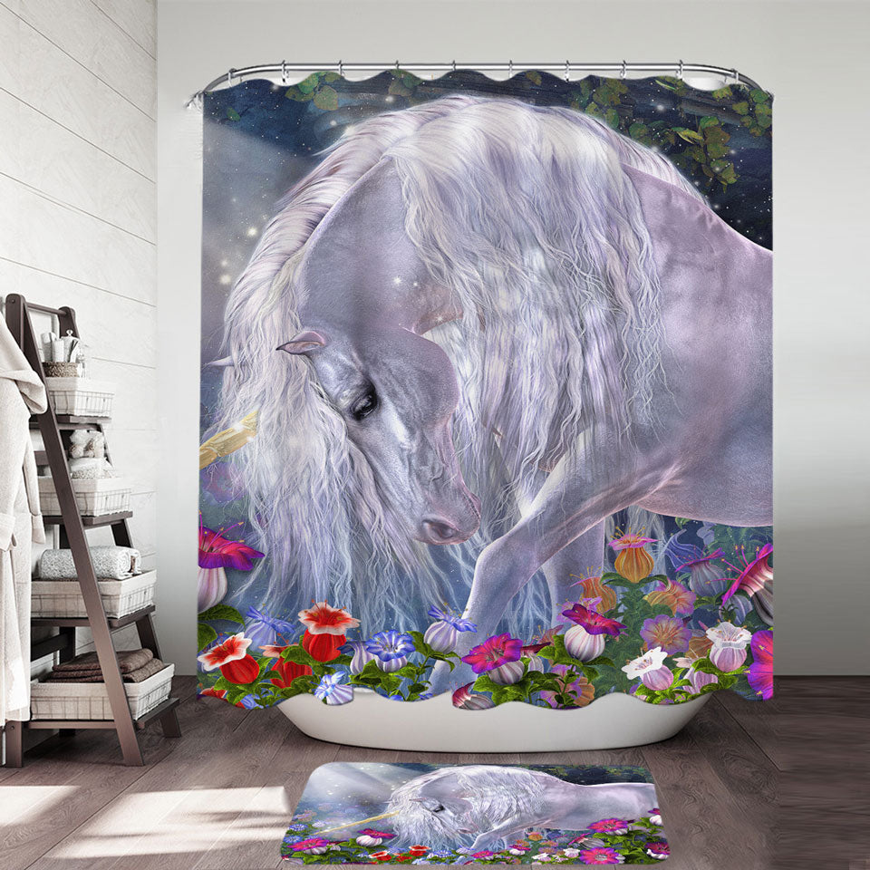 Fantasy Art Beautiful Flowers and Pure White Unicorn Shower Curtain