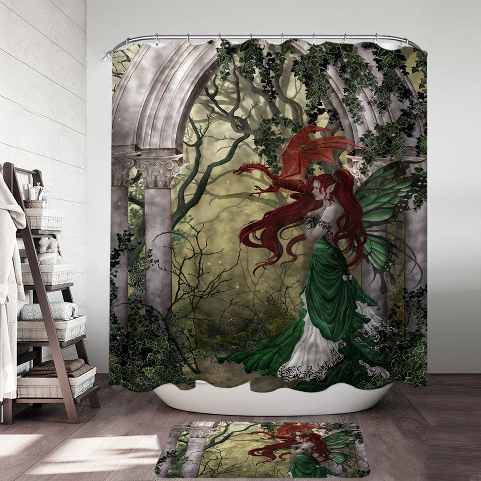 Fantasy Art Beautiful Shower Curtain with Redhead Green Fairy and Her Dragon