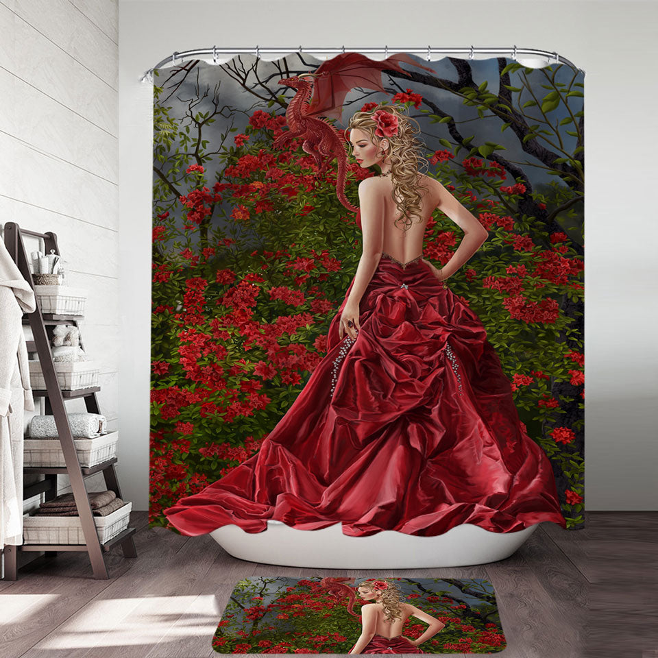 Fantasy Art Beautiful Shower Curtains Red Dressed Woman and Dragon