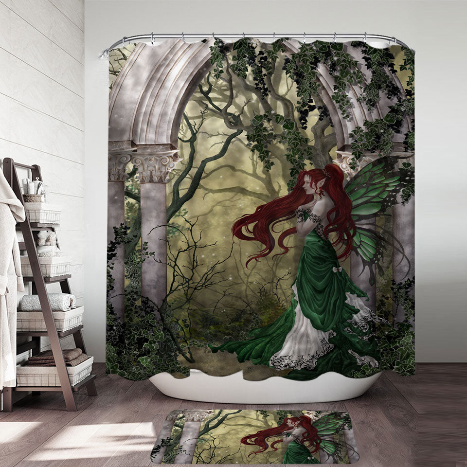 Fantasy Art Beautiful Shower Curtains with Redhead Green Fairy