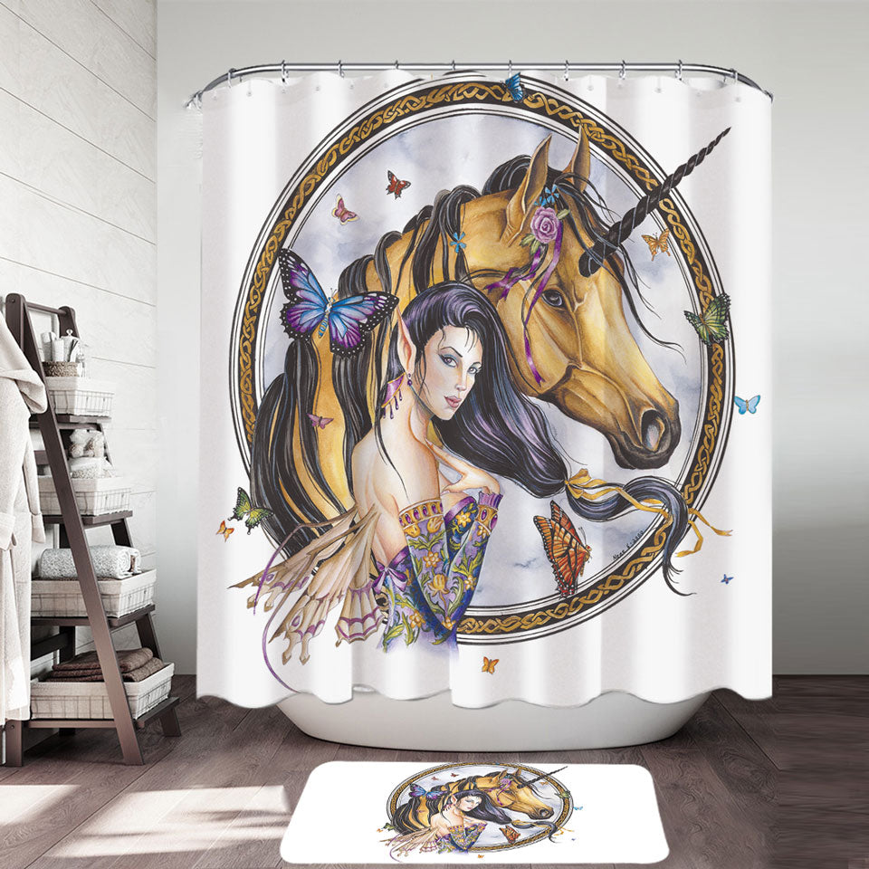 Fantasy Art Brown Unicorn and Fairy Princess Shower Curtains