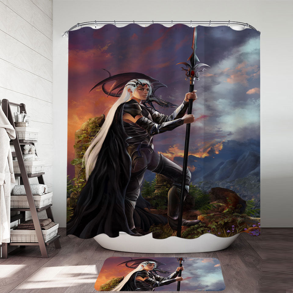 Fantasy Art Burning Valley and Dragon Girl Warrior Shower Curtain