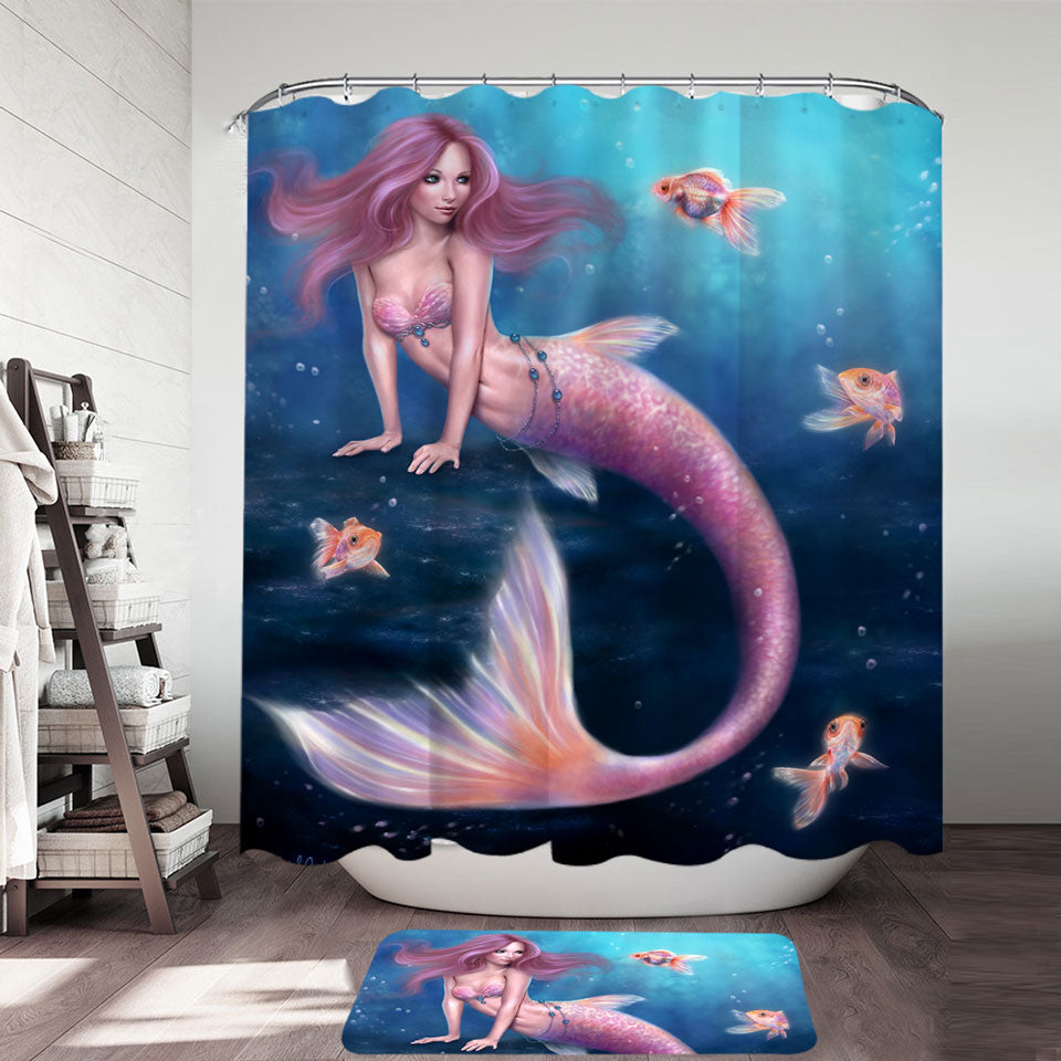 Fantasy Art Gold Fish and Beautiful Pinkish Mermaid Shower Curtain