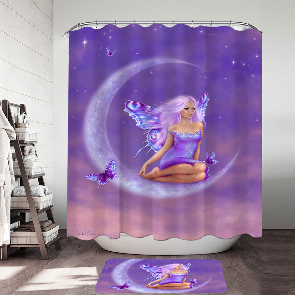 Fantasy Art Lavender Moon and Pretty Butterfly Girl Shower Curtains