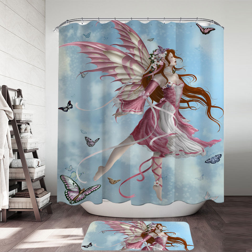 Fantasy Art Pink Butterfly Girl Fabric Shower Curtain