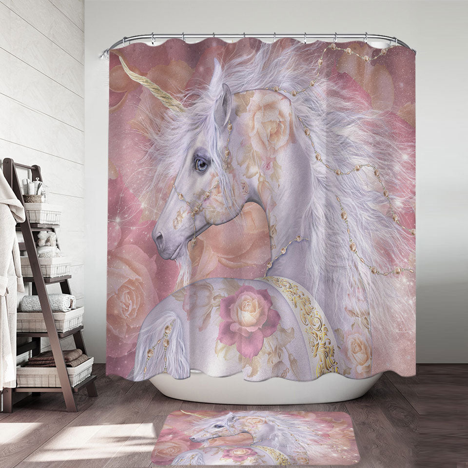 Fantasy Art Rosy Magical Unicorn and Roses Shower Curtains