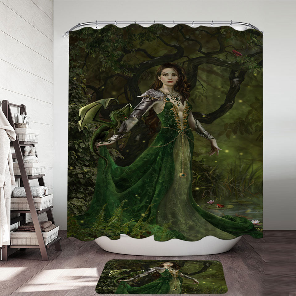 Fantasy Art Shower Curtain Astranai the Beautiful Forest and Dragon Princess