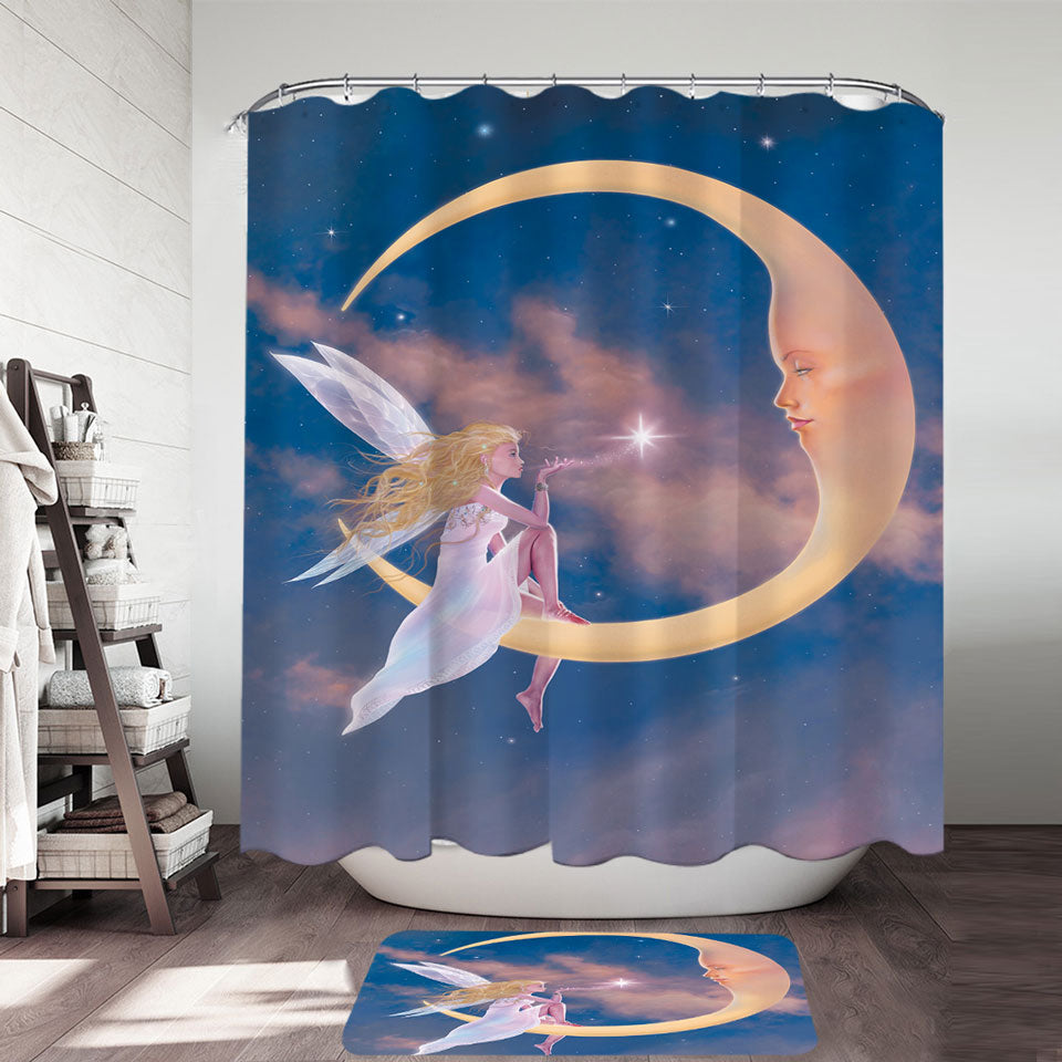 Fantasy Art Star Kiss Moon and Fairy Fabric Shower Curtain