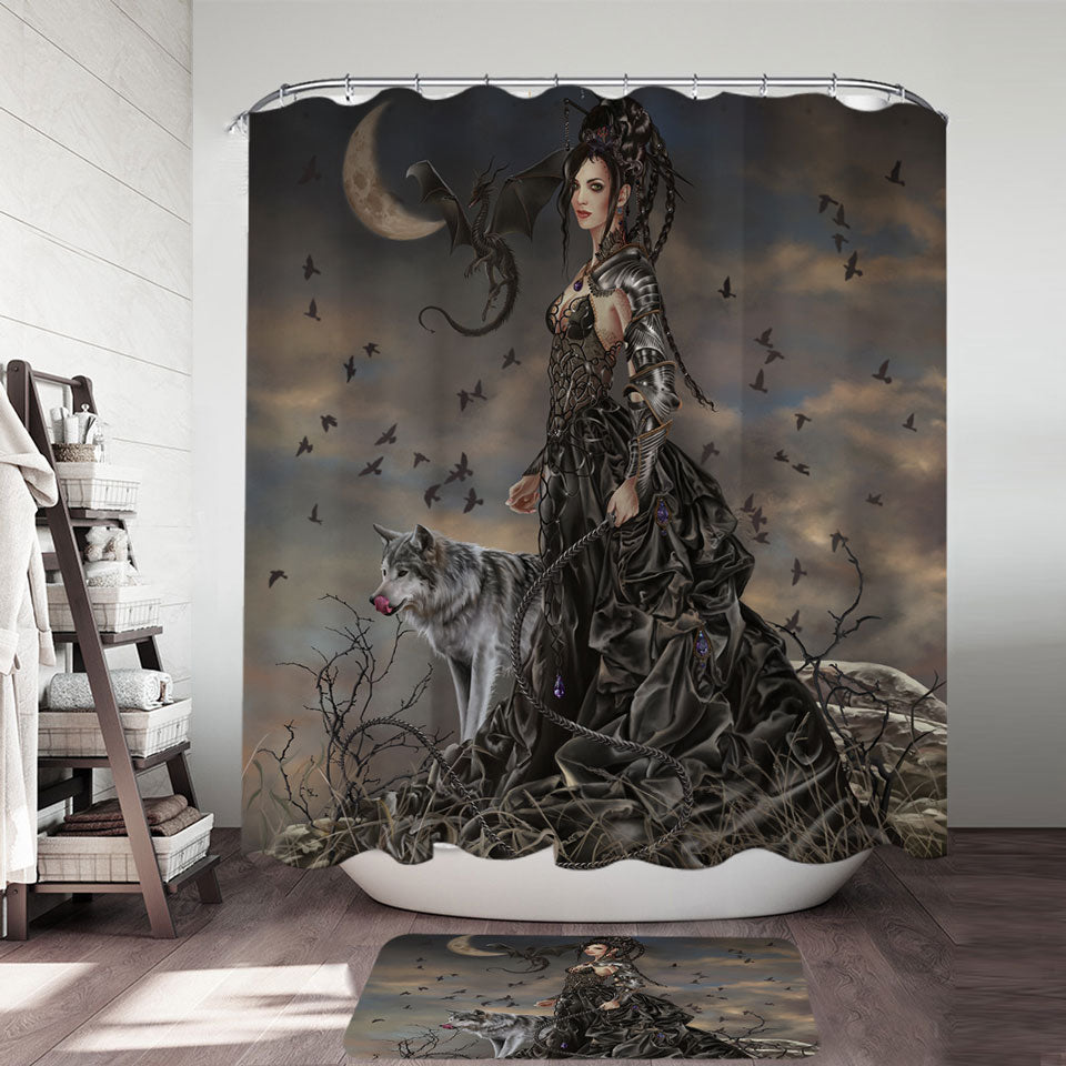 Fantasy Art Wolf Dragon and Bella the Dark Princess Shower Curtain