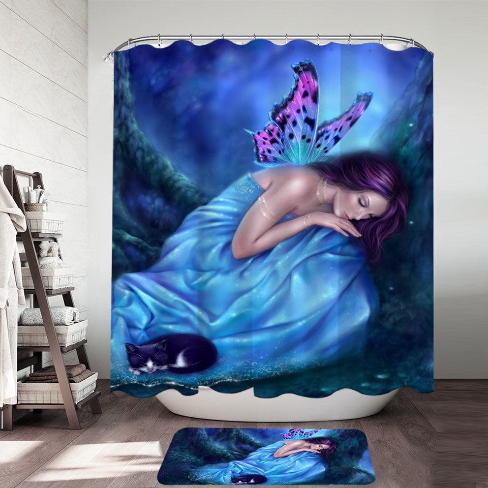 Fantasy Artwork Serenity Sleeping Cat and Butterfly Girl Shower Curtains