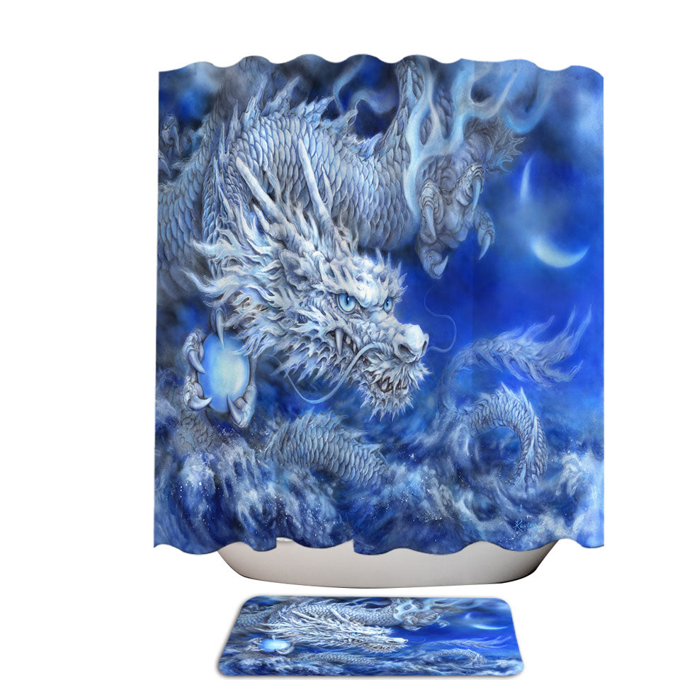 Fantasy Design Night Storm White Blue Dragon Shower Curtain and Bath Mat