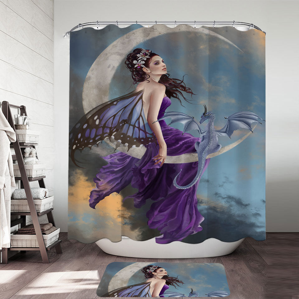 Fantasy Fabric Shower Curtains Art the Pretty Purple Moon Fairy and Dragon