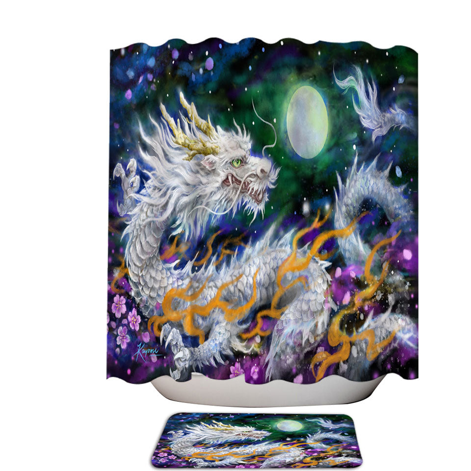 Fantasy Fabric Shower Curtains Space White Dragon and The Moon