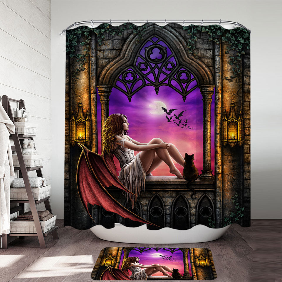 Fantasy Gothic Art Beautiful Dragon Angel Girl Shower Curtain