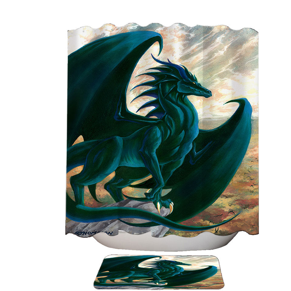 Fantasy Painting Green Dragon on Cliff Shower Curtain