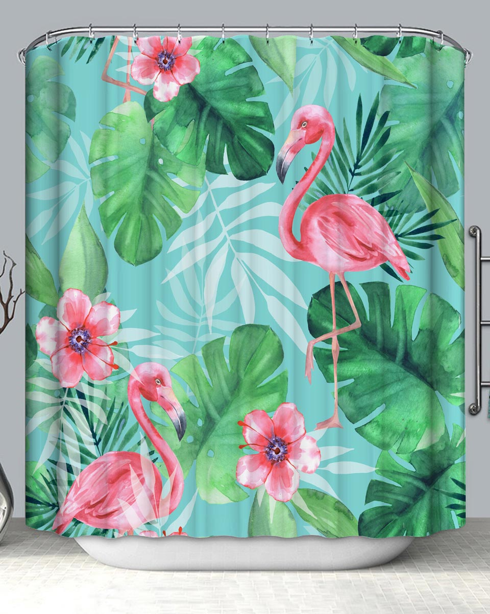 Flamingo Shower Curtain Design with Flamingos Hibiscus Flowers and Tropical Leaves