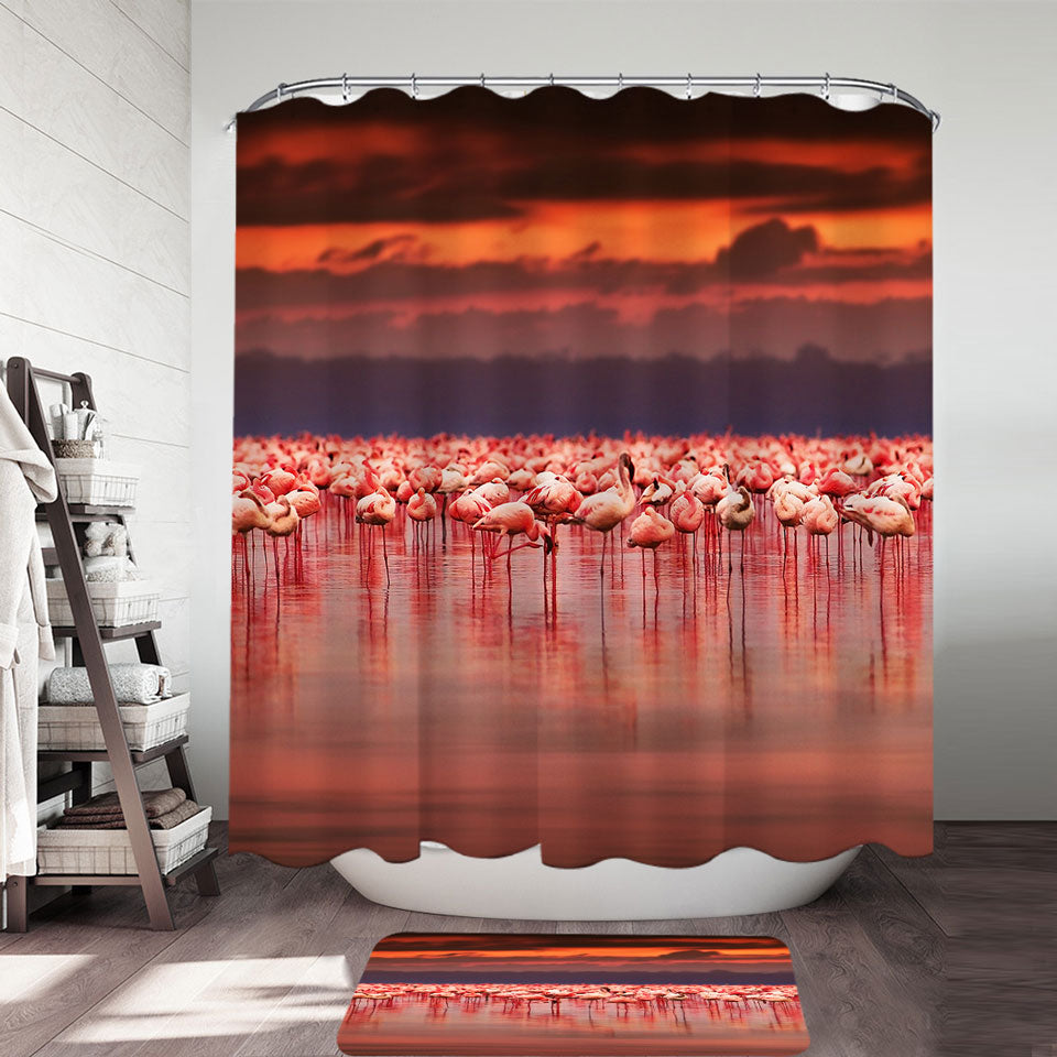 Flamingo Shower Curtains Flamboyance of Flamingo Beneath Sunset Sky