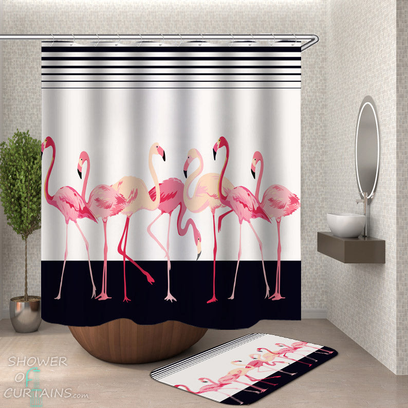 Flamingo Shower Curtain - Flamingos Over Black and White