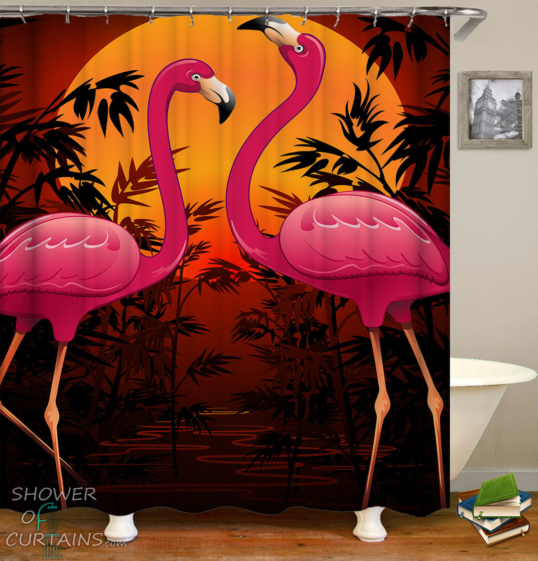 Flamingo Shower Curtain - Tropical Sunset Flamingos Shower Curtains