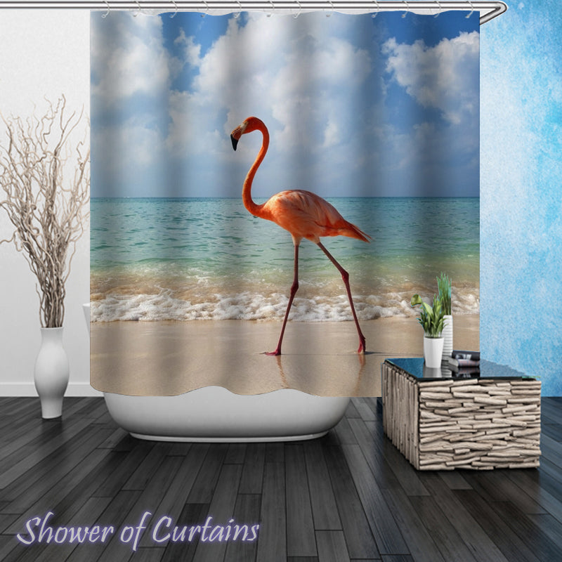 Flamingo Shower Curtain of  Single Flamingo On The Beach Shower Curtains