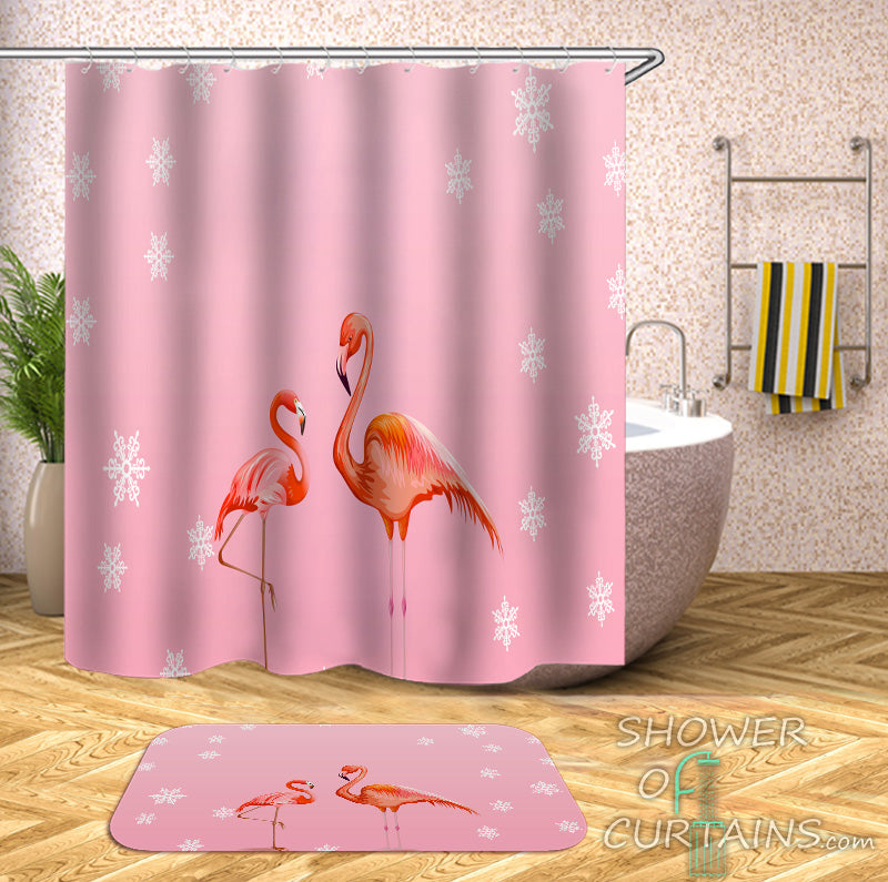 Flamingo Shower Curtain of Two Flamingos Pink Background