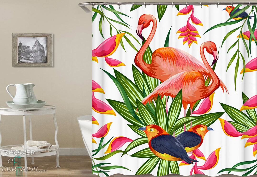Flamingos Shower Curtain of Flamingos And Songbirds Vibrant Colors