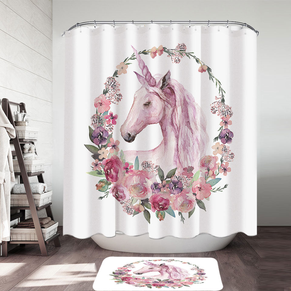 Floral Circle Unicorn Girls Shower Curtain