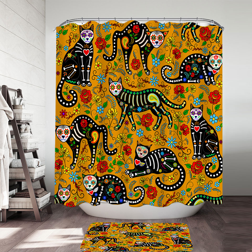 Floral Day of the Dead Cats Shower Curtains