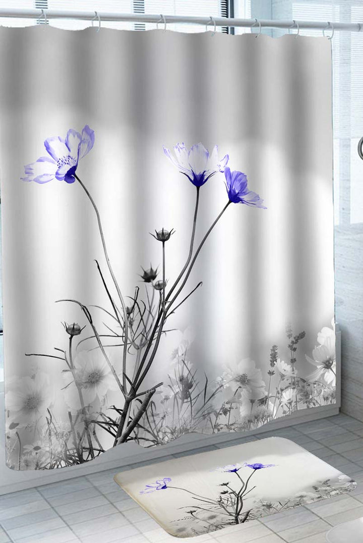 Floral Shower Curtain Artistic Black and White Purplish Flowers