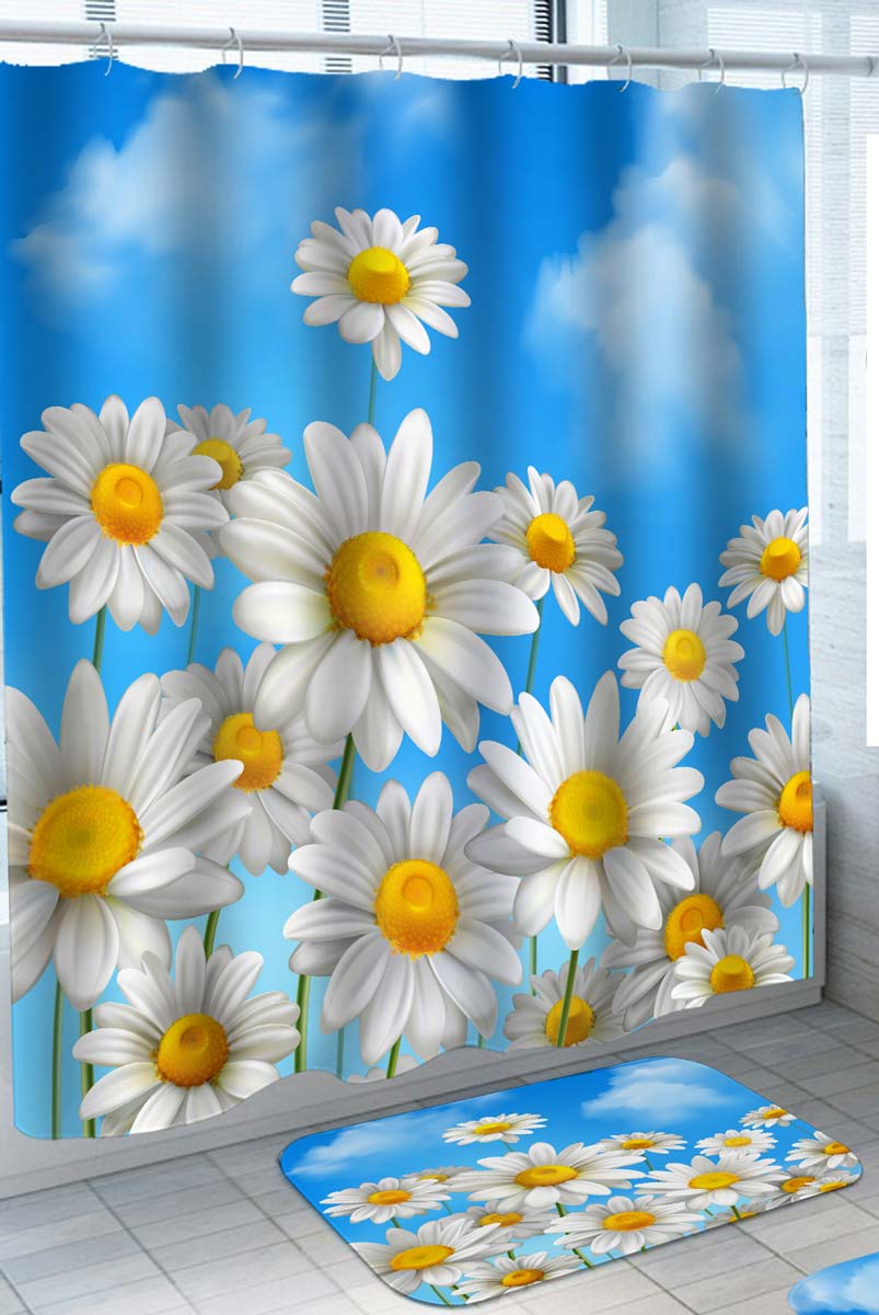 Floral Shower Curtain Beautiful Day White and Yellow Daisy Flowers