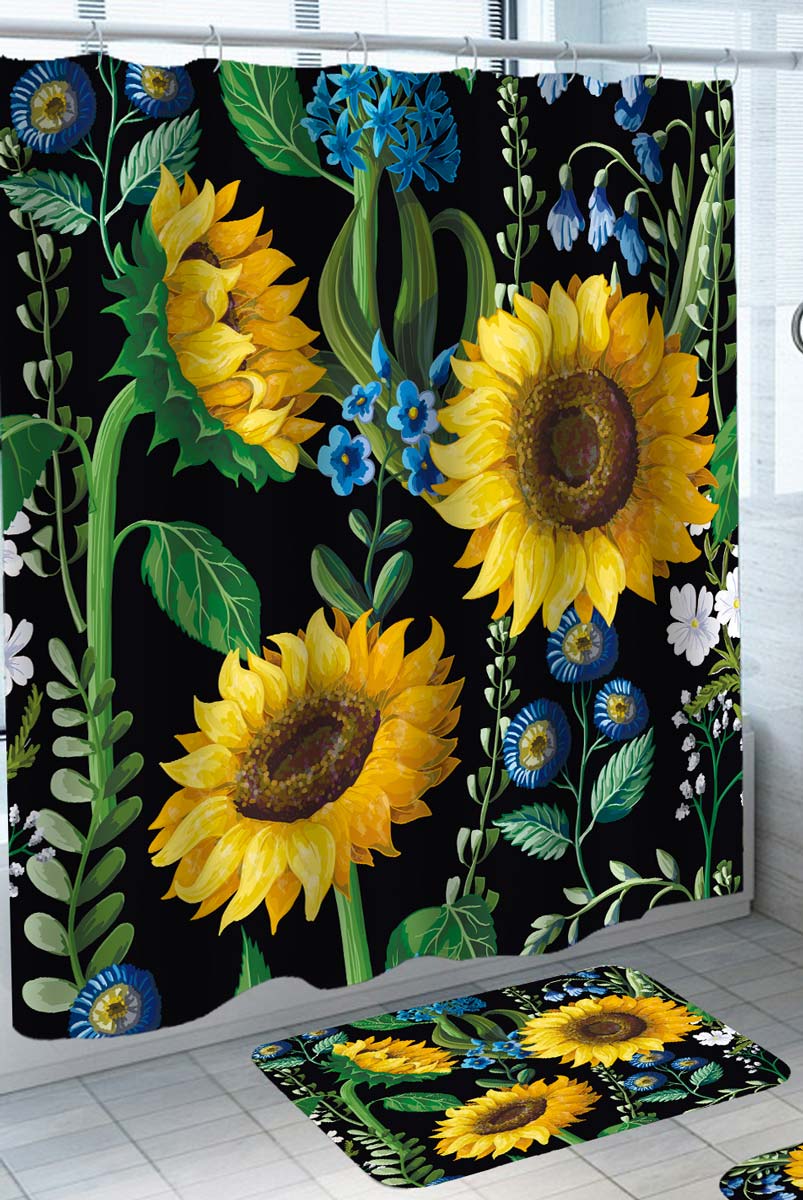 Floral Shower Curtain Blue Flowers and Yellow Sunflowers