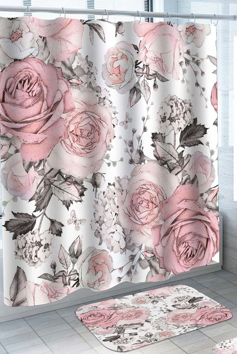 Floral Shower Curtain Faded Looking Pinkish Roses Flowers