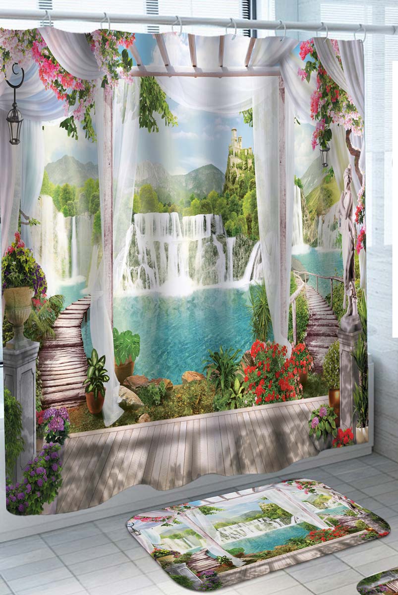 Floral Shower Curtain Wooden Terrace by Tropical Waterfall Pond
