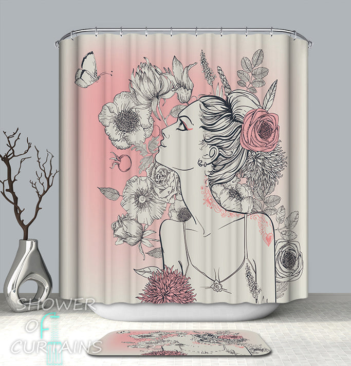 Floral Girl Pink And White Shower Curtain