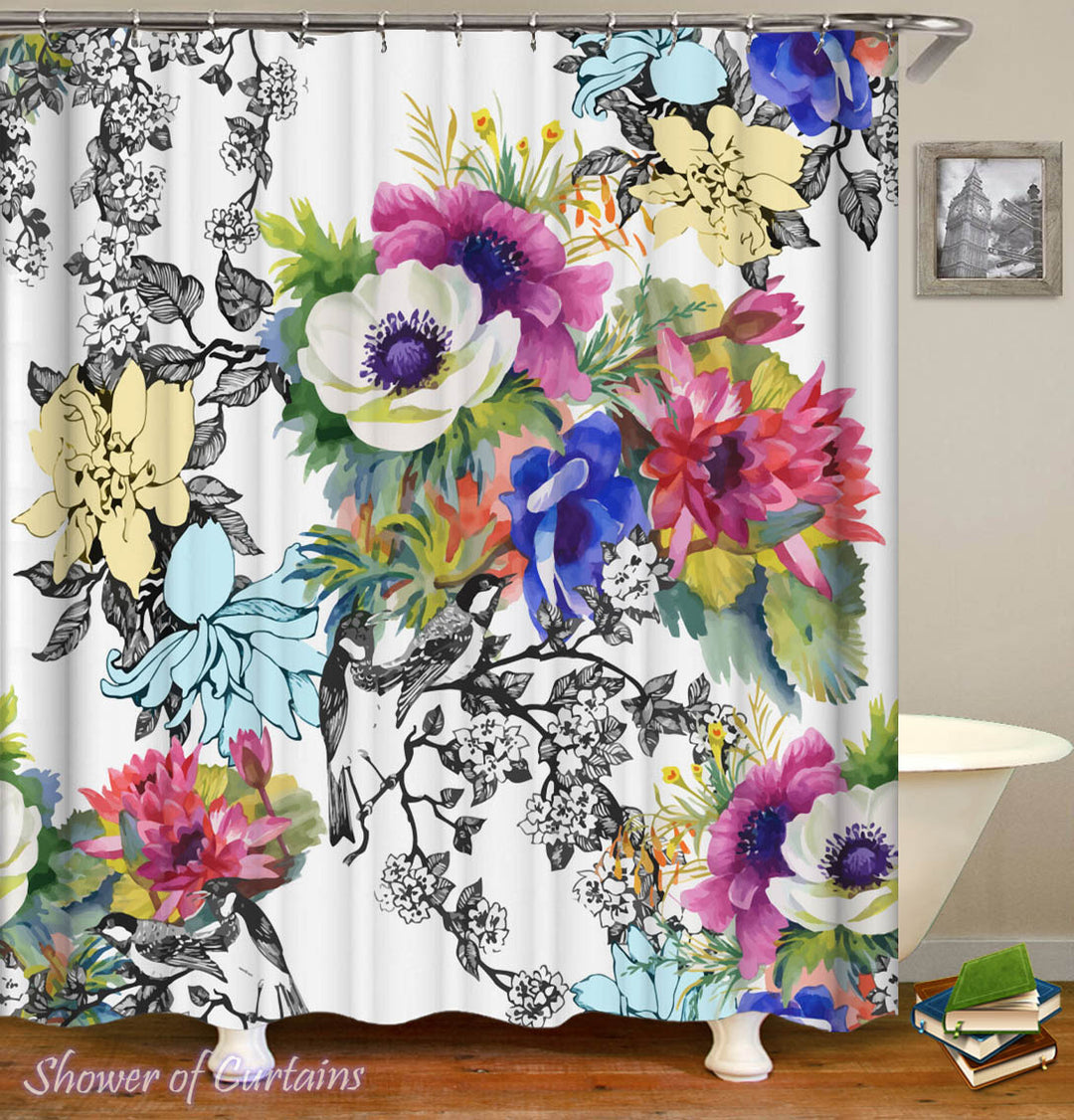 Floral Shower Curtain - Black and White Colorful