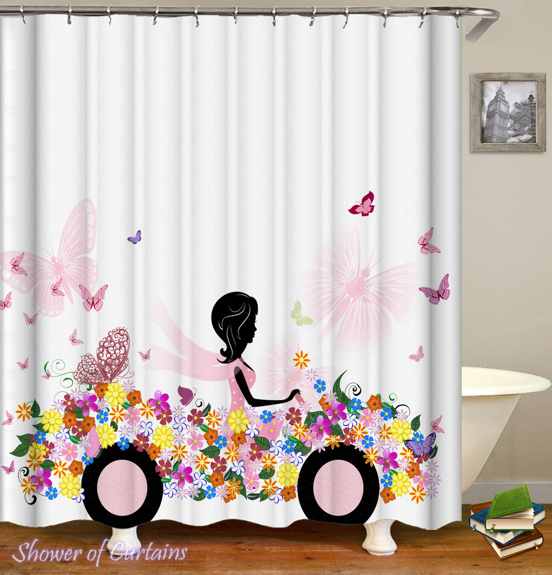 Floral Shower Curtain of Black Figure In A Flowery Car