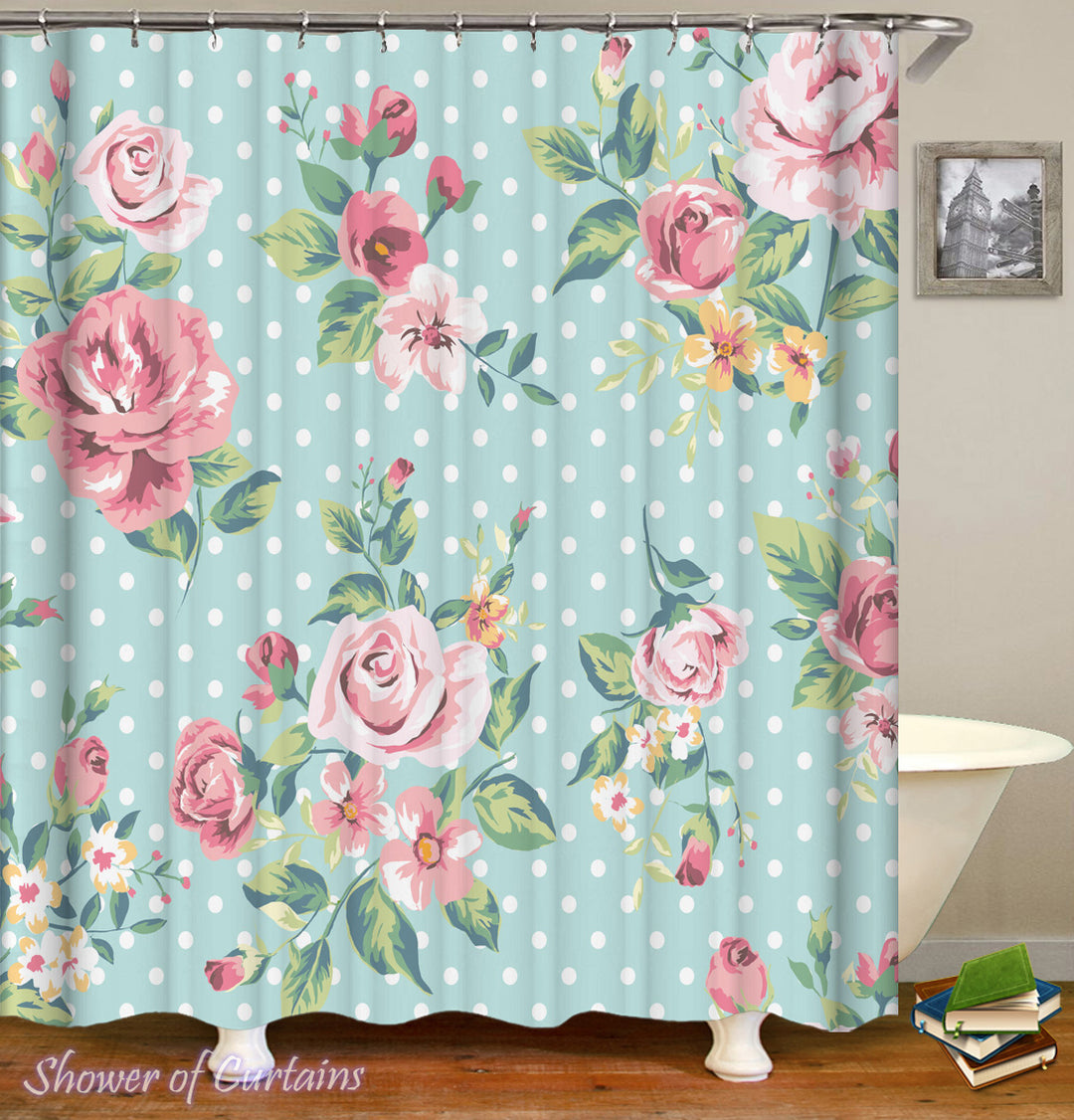 Floral Shower Curtain of Classic Floral Over Polka Dots